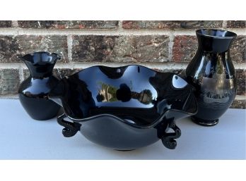 (3) Assorted Pieces Of Black Amethyst Glass Including Kuhlungsborn With Ruffled Bowl And Vase