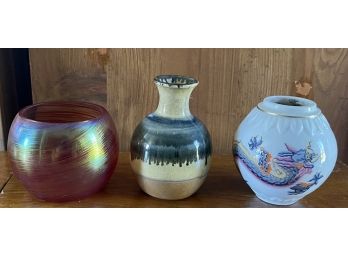 (3) Small Vases - Wizard Of Clay, Chinoiserie, And Art Glass Swirl