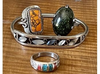 Mexico Shell Inlay Bracelet And (3) Sterling Silver Rings - Turquoise Is Size 7, Others Are Sizable