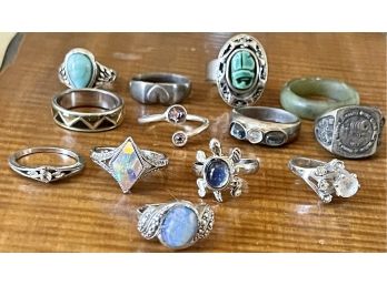 Collection Of Vintage Silver Tone Rings Including 1953 Boy Scout Ring, Scrab, Faux Stone, Size 5 To 9