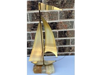 Vintage Signed Yosi Brass Ship With Stone Base And Original Tag (as Is)