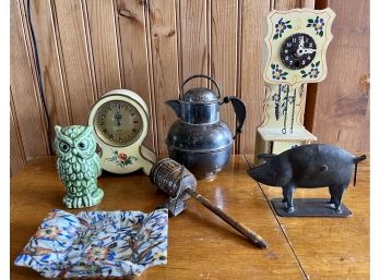Eclectic Lot Including 2 Small Hand Painted Clocks Germany, Metal Pig, Trinket Dish, And Silver Plate Pitcher
