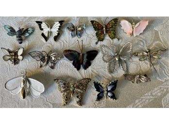 Vintage Lot Of Butterfly Pins - Shell, Sterling Silver, Enamel, Rhinestone, Filigree, Abalone, And More