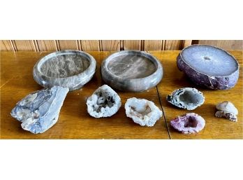 Geode And Cut Stone Lot - Coasters, Mini Geodes, Carved Stone Turtle, Piece Of Petrified Wood