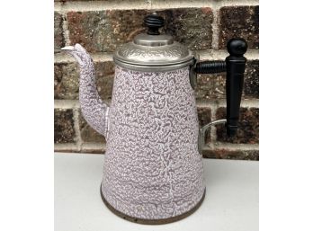 Antique Graniteware With Tinned Lid And Spout -  Copper Bottom Coffee  Pot With Wooden Handle