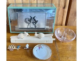 Mid Century Modern Chromium Plate Mirrored Jewelry Box With Silhouettes, Ring Holder, Wood Bird, & More
