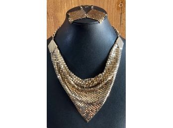 Vintage Gold Tone Mesh Choker Necklace With Matching Earrings