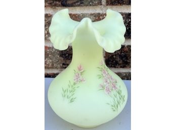 Vintage Hand Painted Fenton Ruffled Custard Glass Vase Signed Jane Chapman