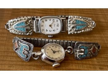 (2) Vintage Watches Sterling Silver With Turquoise And Coral Lugs