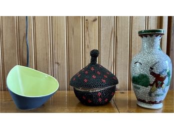 Vintage Woven Beaded Basket With Ceramic Vase And Signed Pottery Dish