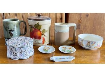 Vintage Pottery Lot - Deer Musical Mug (as Is) Apple Crock With Wood Lid, Small Elf Plates - Trinket Dish