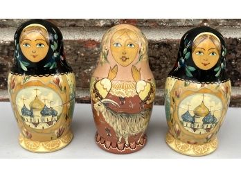 (3) Vintage Hand Painted 4.5 Inch (5) Piece Nesting Dolls