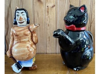 Kasuga Ware Authentic Japan Pottery Cat Teapot With Pottery Warrior Liquor Bottle