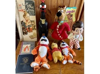 Lot Of Assorted Dolls, Figurines, & Books - Scooby, Big Boy Bank, Mother Goose, Tony The Tiger, & More