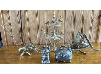 Vintage Metal Lot - (2) Brass  Grass Hoppers, Sword Teledo Pick Set With Stand, Buddha, & Trinket Box