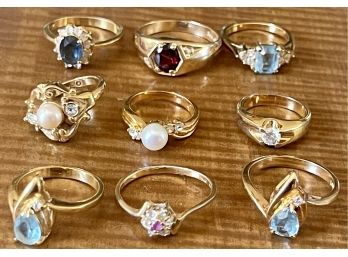 (9) Vintage Gold Tone Rings With Faux Stones Sizes 5.5 To 12