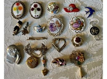 Collection Of Vintage Pins - Porcelain Painted, Red Hat, Rhinestones, And More