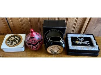 Chokin Vase With 24 Karat Gold Edge And Trinket Box - Wood Etched Trinket Box And Bird Motif Card Hold