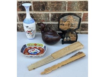 Asian/chinese Influence Lot Including Egg Shell Vase, Coy Fish Tea Pot, Shadow Box, Fans, And More