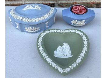 (3) Pieces Of Wedgewood Including Jasperware Heart Dish, Lidded Trinket Box, And Candle Holder