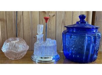 Vintage Glass Lot - Cobalt Blue Ginger Jar, Mid Century Cruet With Chrome Tray, And Pink Glass Tea Lamp