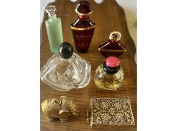 Perfume Bottles And Containers - Yves St. Laurent, Guerlain Paris, Elephant Pendant, Golden Matchbox, And More