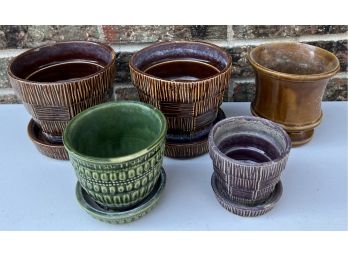 (5) Vintage McCoy Pottery Planters Including Brown & Purple Basket Weave - Green And Brown