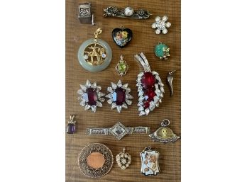 Vintage Lot Of Pins And Pendants With (1)Barrett -gold Filled, Cloisonne , Rhinestone, Jadeite, Amethyst, More