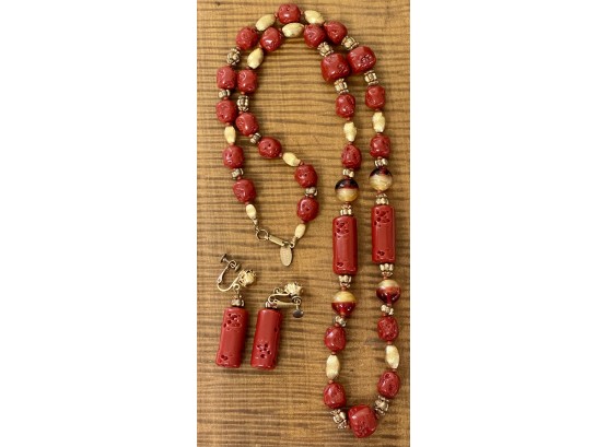 Rare Stunning Miriam Haskell Cinnabar Art Glass And Gold Tone Bead Necklace With Matching Screw Back Earrings
