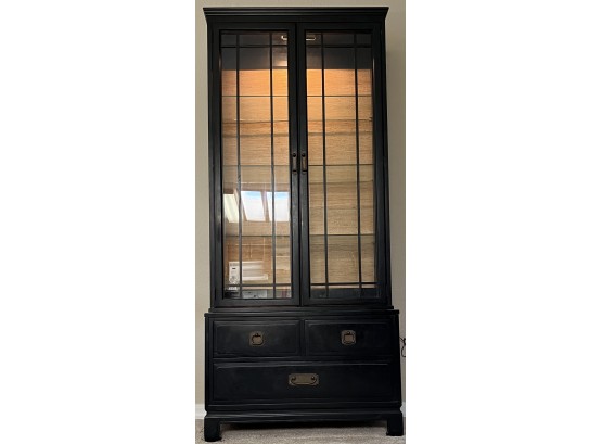 Vintage Black Asian Inspired Solid Oak Lighted Cabinet With Grass Cloth Back, Brass Pulls, And Glass Shelves