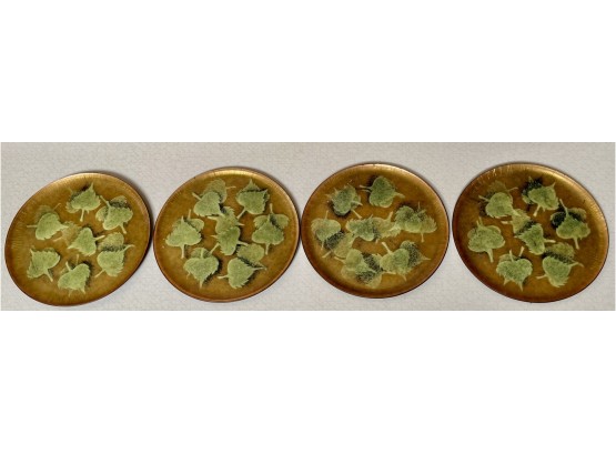 (4) Mid Century Modern Enamel On Copper Leaf Pattern Coasters