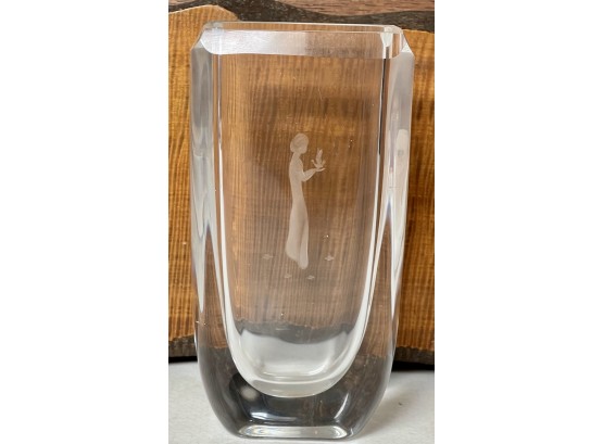 Mid Century Modern Signed Square Etched Crystal Vase With Girl Holding Bird