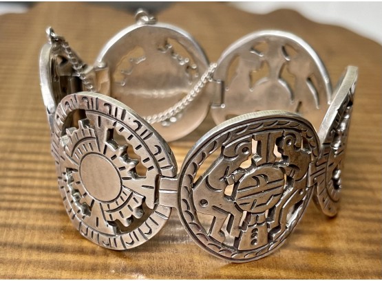 Hecho En Mexico Farfan 925 Sterling Silver Round Mayan Panel Bracelet - Weighs 90.8 Grams