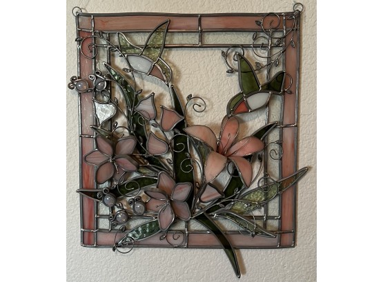 12 X 15 Inch 3-D Pink And Green Stain Glass Floral Wall Art