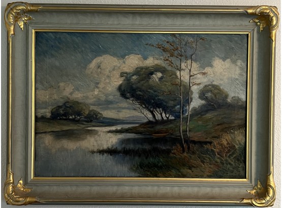 Original John W. Burglund 1916 Land Scape Oil Painting In Custom Frame
