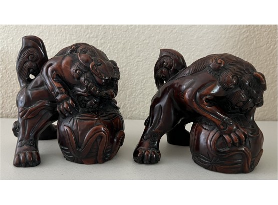 Pair Of Cold Case Resin Vintage Chinese Foo Dog Sculptures With Original Sticker