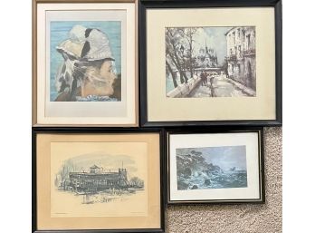 (4) Small Assorted Prints In Frame - Land Bound Derelict, Ocean Cliffs, Mural, And Town Scene