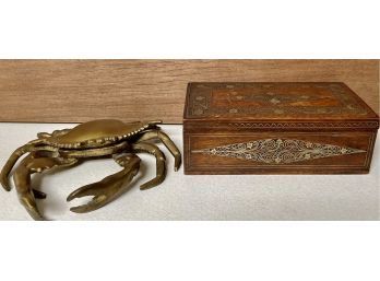 Brass Crab Hinged Trinket Dish And Decorative Metal Inlay Wood Box