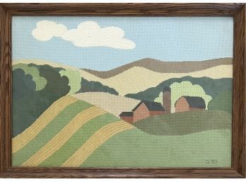 Large Vintage Hand Embroidered Farm Scene In Frame
