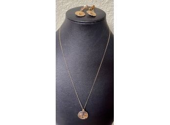 Vintage 14k Gold Chain Necklace With Gold Tone Shell Pendant With Matching Earrings - Chain Is .8 Grams