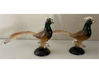 Pair Of 14 Inch Italian Art Glass Pheasants Signed 1951 Barbarini (as Is)