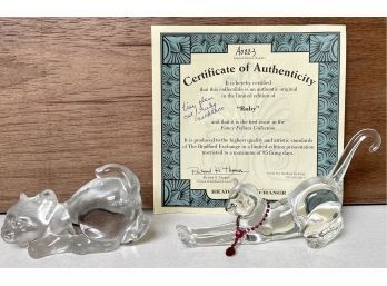(2) Art Glass Cats - (1) Fenton And (1) Bradford Exchange With Necklace With COA