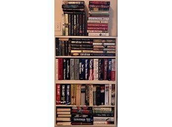Large Book Collection With Shelf - John Grisham, Tom Clancy, Clive Cussler, And More