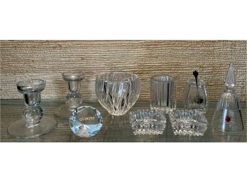 Collection Of Crystal And Art Glass Serving Pieces - Candle Holders, Bowl, Ash Trays, Etched Sugar, And More