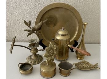Vintage And Antique Brass Lot - Floral And Bird Candle Holder, Wood Handled Tea Pot, Vase, Platter, And More