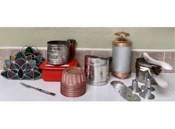 Vintage And Antique Baking Lot - Foley, Sifter, Greens Grocery Sifter, Red Enamel Dish, Cookie Press, & More