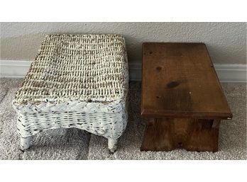(2) Vintage Foot Stools - Wood And White Painted Whicker (as Is)