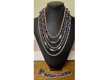 Vintage Blue Art Glass Bead And Gold Tone Multi Strand Necklace And Matching Bracelet
