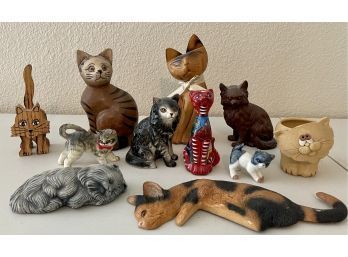 Vintage Wood, Resin, And Pottery Cat Lot - Japan, Mexico, Calico, And More