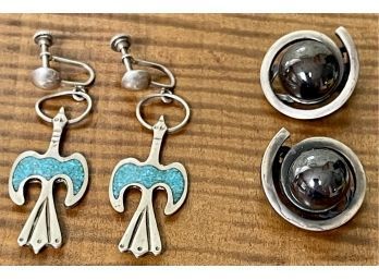 (2) Pairs Of Vintage Earrings- Sterling Silver And Turquoise Inlay Birds And Hematite Germany Clip On